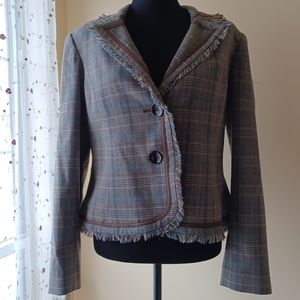 Tribal Coffee & Teal Blue Fringed Wool Blend Modele Two Button Jacket Size 12